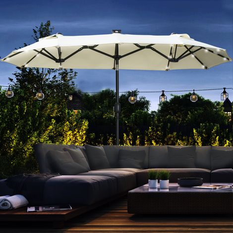 Parasol 295 x 219cm double parasol avec LED,angle d’inclinaison réglable,parasol de jardin pour patio et piscine,polyester et acier,beige
