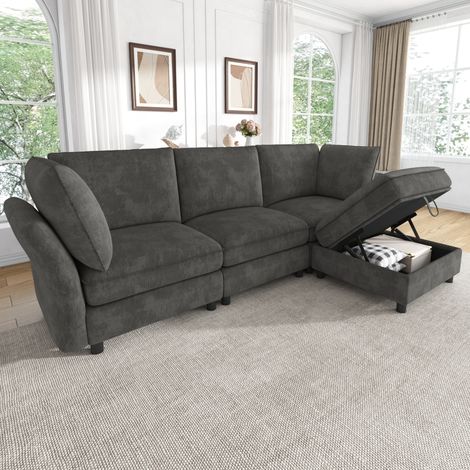 Divano modulare angolare a L 225x137x84 cm, con pouf contenitore, 4 posti, braccioli ergonomici, chenille grigio (1/5)