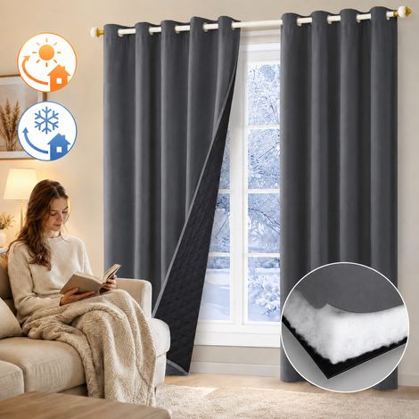 HEMVOR Rideau occultant thermique phonique 3 couches 405 g/m² 132 x 244 cm à œillets Gris
