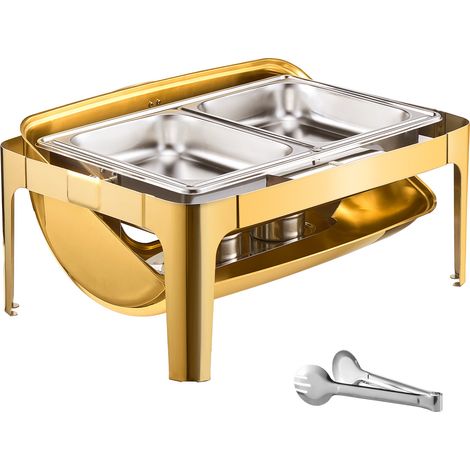 Mophorn Rolltop-Chafing-Dish-Buffet-Set, 9-Qt-Edelstahl-Speisenwärmer mit normalgroßer Pfanne, rechteckiger Catering-Servierwagen mit transparentem Deckel, Wasserpfanne, Brennstoffbehälter, Gold (1/5)