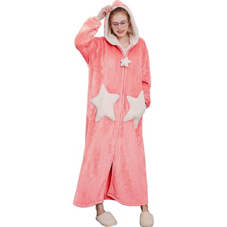 Peignoir femme zippé, robe de chambre à capuche molletonnée, doudou polaire chaude, nuit longue, pyjama cosy, vêtement de nuit chaud pour dame (1/5)