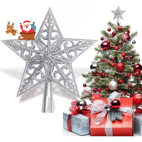 DOLASO Weihnachtsbaum-Stern, Vintage, leicht, klassisch, hohl, Kunststoff-Stern, Dekoration, Weihnachtsbaumspitze, Weihnachtsspitze, Stern, 20,3 cm, Silber (1/5)