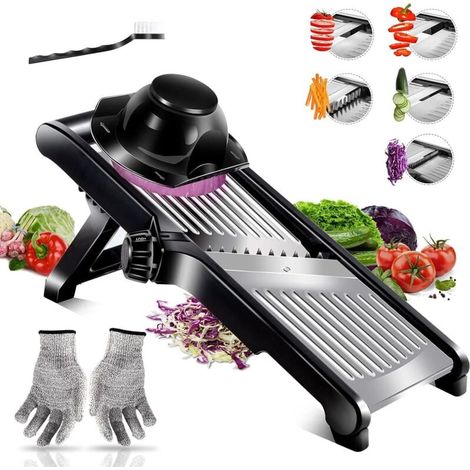 Affettatrice a mandolina multifunzionale da cucina, in acciaio inox, professionale, con spessore di fetta regolabile - Include spazzola per la pulizia e guanti antitaglio. (1/4)
