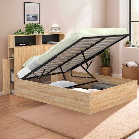 Cama arcón doble CLYDE con cabecero y almacenaje 140 x 190 cm haya y negro