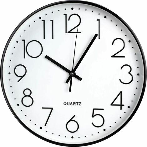 Horloge murale, 12 '' Horloges décoratives à quartz silencieux sans tic-tac, horloge ronde moderne à grand nombre (noir) (1/5)