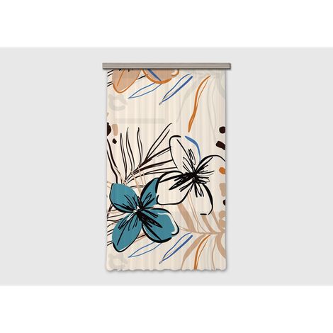 Voilage fleurs bleues et fougère sur fond beige - 1 pièce - L 140 cm x H 245 cm (1/4)