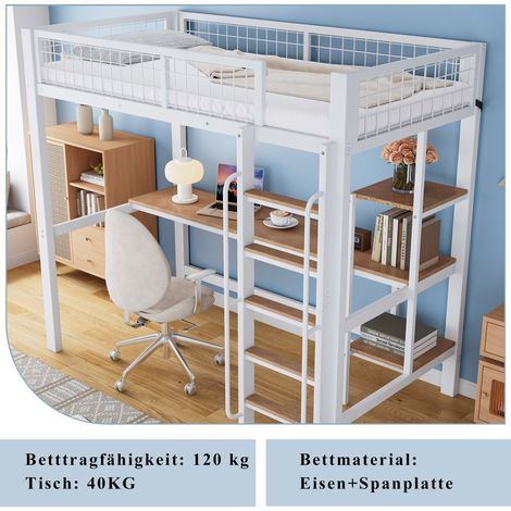 Lit superposé en fer avec bureau et étagères, pour enfants et ados, échelle à 5 marches, barrière de sécurité, métal + MDF, blanc et bois naturel, 90x200 cm (1/5)
