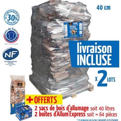 Woodstock – Bois de chauffage haute performance – Lot de 2 ballots 2000 dm3 – Bûches 40cm 100% feuillus durs – Allumage inclus