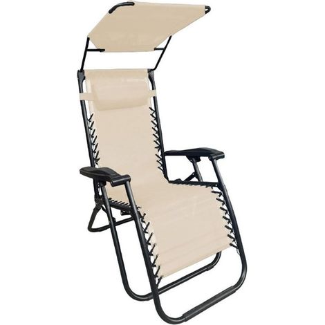 TrAdE Shop Traesio - Sedia Sdraio Con Parasole In Textilene Reclinabile Pieghevole Con Poggiatesta 483015 - Beige (1/4)