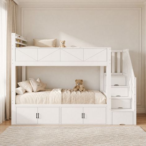Etagenbett 90x200 cm mit Stauraumtreppe und Stauraum unter dem Bett, Weiß HAVRYA (1/5)