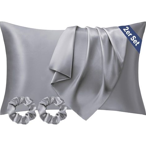 2 Housses de Coussin en Satin, 50 x 70 cm, taies d’Oreiller similaires à la Soie, pour Les Cheveux et la Peau, Gris, avec 2 élastiques à Cheveux (1/5)