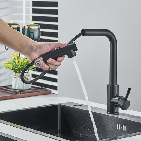 Robinet de cuisine avec robinet de lavabo mobile 2 modes de pulvérisation, rotatif à 360° avec tête de pulvérisation extractible, acier inoxydable SUS304 (1/5)