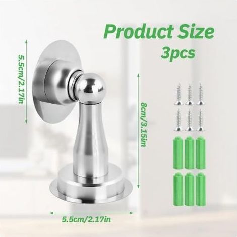 3er-Pack magnetische Türstopper, Edelstahl-Bodentürstopper, kein Bohren erforderlich, mit Klebeband und Schrauben, zur Boden- oder Wandmontage, ideal für Zuhause und Büro (Silber) (1/5)