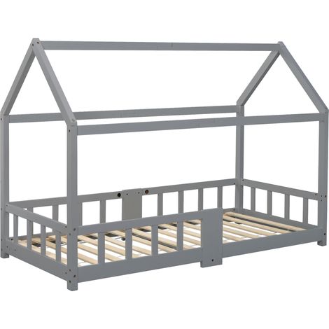 Kinderhausbett 90 x 200 cm aus grauem Kiefernholz mit Tafel und Lattenrost (1/5)