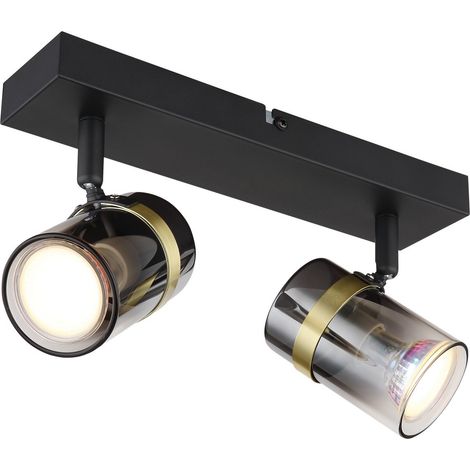 Plafonnier double avec abat-jour en verre fumé noir mat, 2 spots GU10