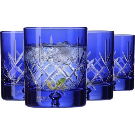 Verres à Whisky, Bourbon et Scotch 250 ml, Lot de 4 – Collection Saga – Verre en Cristal – Faits à la Main – Bleus, Taillés – Idéal comme Cadeau, Blue (1/5)