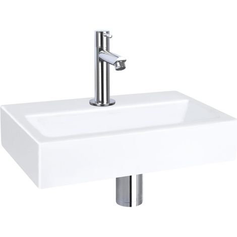 QeramiQ Fuente Pack Lave-mains - 38x7x24cm - 1 trou de robinet - céramique - robinet Chrome - Blanc
