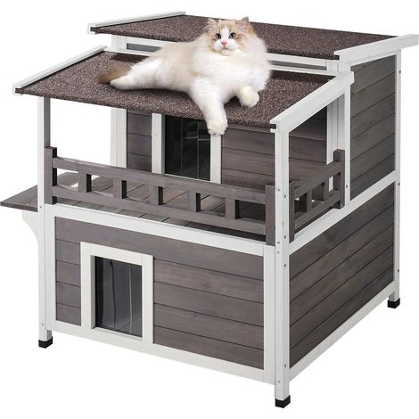 VEVOR Maison pour chat d'exterieur resistante aux intemperies,abri spacieux en bois a deux niveaux,comprend un balcon,des entrees,des volets en PVC transparent et un toit a charnieres, 30 x 30 x 32 po