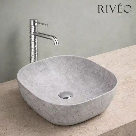 Vasque à poser carré arrondi 41 x 41 cm effet marbre gris en céramique mate avec bonde clic-clac chromée incluse - Rivéo (1/5)