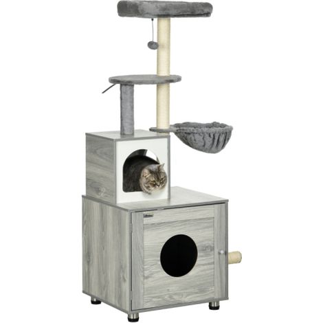 Grey Enclosed Cat Litter Box with Cat House, Bed, Scratching Posts and Platforms for Indoor Cats (1/5)