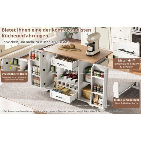 Chariot de cuisine avec plan de travail rabattable, îlot roulant avec porte-bouteilles, porte-verres, étagère à épices et porte-serviettes, 120x45/70x92cm, blanc – table de service polyvalente avec ra (1/5)