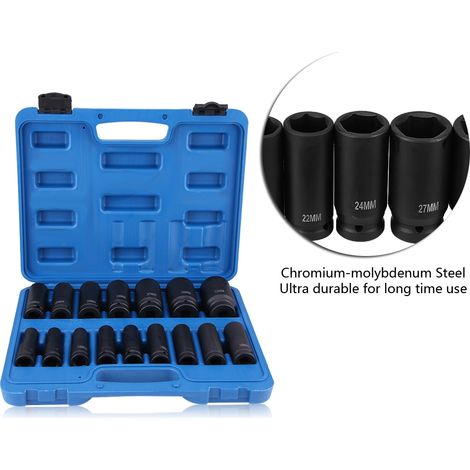 Kit d'outils de réparation comprenant 16 douilles hexagonales pneumatiques de 1/2 pouce (10 à 32 mm). (1/5)