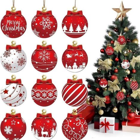 Set of 12 Red and White Wooden Hanging Christmas Baubles - Festive Christmas Tree Decorations with Snowflakes, Reindeer, and Santa Claus (1/5)