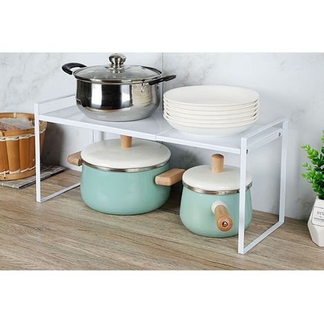 Set di 1 organizer da cucina, portaoggetti per armadietti, ripiano impilabile ed estensibile in metallo e bambù, per piatti, piani di lavoro, dispensa, barattoli, tazze, piatti (bianco)