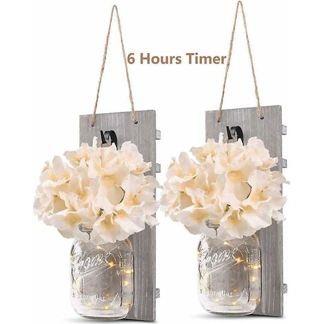 Applique murale rustique, décoration intérieure, crochets en fer forgé, motif d'hortensias en soie et lampes LED pour la décoration intérieure (lot de 2) (1/4)
