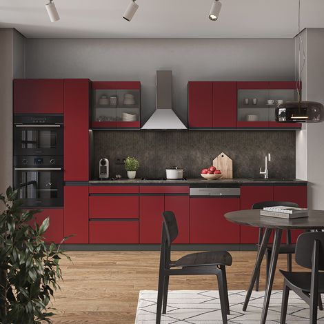 Mueble de cocina R-Line, Rojo/antracita, 350 cm En forma de J, con armario alto, sin encimera, Vicco