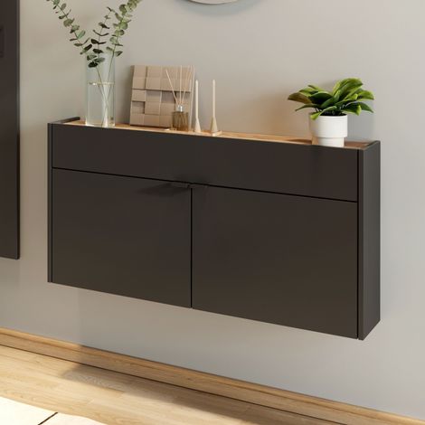 M&S – Meuble à chaussures suspendu 110x22x57 cm anthracite – Panneaux mélaminés – Quatre étagères réglables – Portes avec amortisseur de fermeture