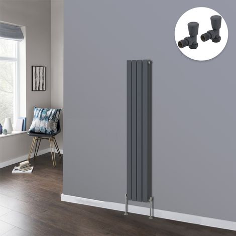 Flat Panel Designer Radiator Bathroom Central Heating Radiators Anthracite with Angled Manual Pair of Valves 1600 x 272mm Vertical Double