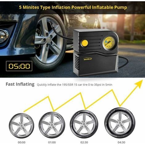 Mini-Autoreifenfüller, tragbarer Luftkompressor, analoger Füller, Autoreifenpumpe, elektrisch über Zigarettenanzünder betrieben, Fahrradpumpe mit Manometer und Ventiladaptern (Gelb) (1/4)