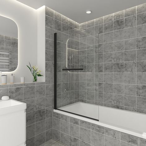 800 x 1400mm Bathroom Square Bath Screen Reversible 6mm Easy Clean Glass Black with Towel Rail (1/5)