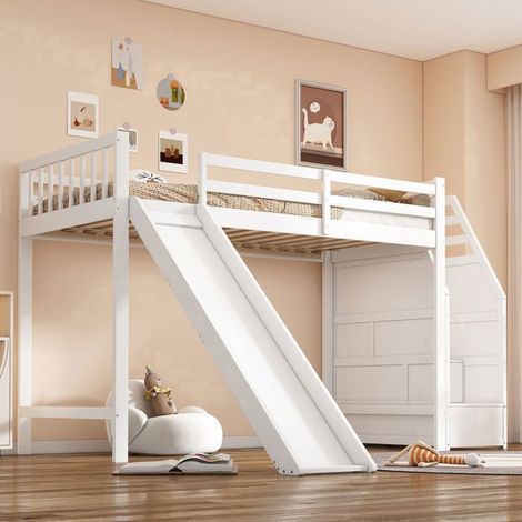 Lit Mezzanine Enfant 90x200cm - avec Toboggan - Escaliers Rangement - Lit Mezzanine - garde-corps de sécurité - lit enfant - Blanc (1/5)