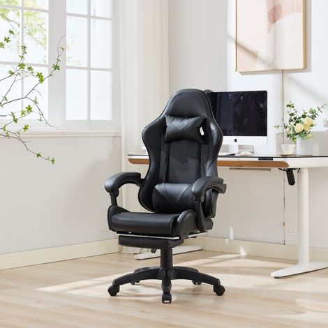 Sedia da gaming girevole a 360°, sedia da ufficio regolabile in altezza e schienale, cuscino incluso, imbottitura in schiuma, rivestimento in PU, nera (1/5)
