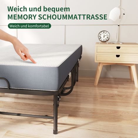 Lit pliant 190×78 cm avec matelas mousse mémoire 9,5 cm. Cadre métallique robuste et sac de rangement inclus pour lit d’amis.