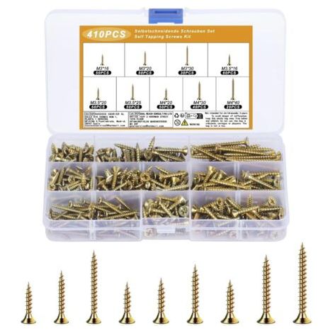 Set di 410 viti autofilettanti universali per legno, M3, M3.5, M4, viti a testa piatta, assortimento di viti per lamiera, set di viti a testa svasata (1/5)