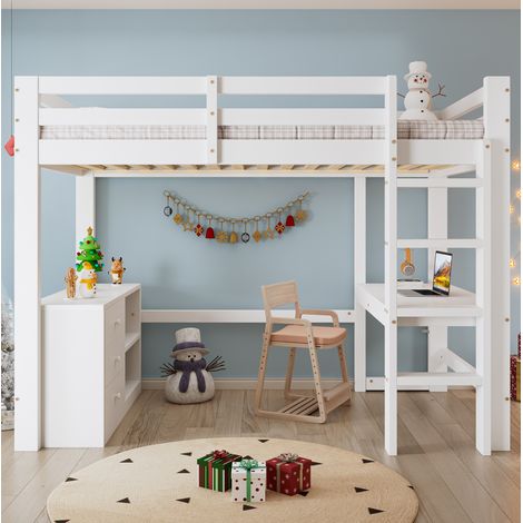 Letto a soppalco per bambini 90x200 cm in legno bianco con contenitori, FloraGrace, senza materasso (1/5)