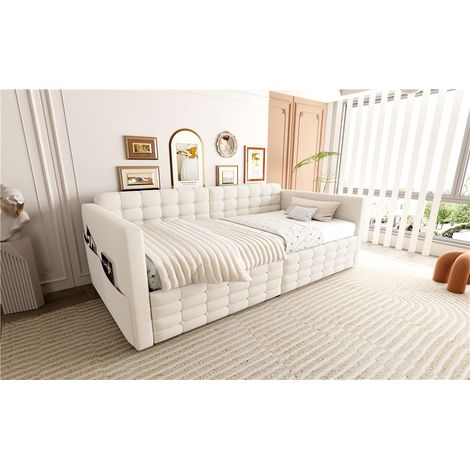 Lit 90x190 cm convertible avec tête de lit capitonnée, tissu velours beige, rangements latéraux et deux tiroirs intégrés, parfait pour invités ou chambre simple. (1/5)