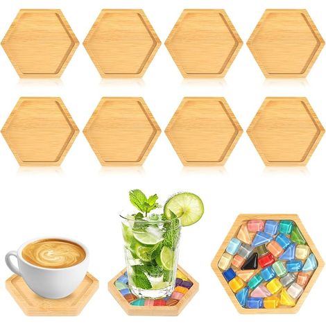 Lot de 8 dessous de verre en bambou - Petit plateau en bois - Dessous de verre mosaïque - Kit de bricolage avec 200 g de pierres décoratives colorées - Coquilles de fond vides pour le bricolage (1/5)