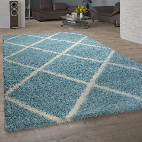 Paco Home Teppich Wohnzimmer Hochflor Shaggy Skandi Design Mit Rauten Muster, Modern In Türkis 100x200 cm