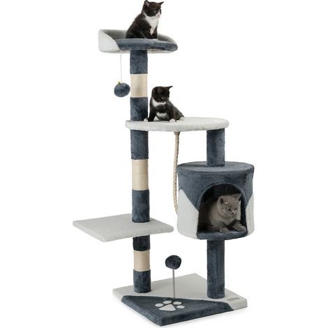 lionto Kratzbaum für Katzen 112 cm hoch, mit Höhle, Sisalseil, Plüschbällen & Wandhalterung, kompakter Kletterbaum, grau/weiß