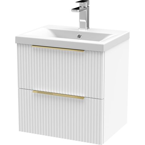 Contemporary Fluted Front Wall Hung 2-Drawer Bathroom Vanity Unit with 1 Tap Hole Basin, 500mm, Satin White, Brushed Brass Handles