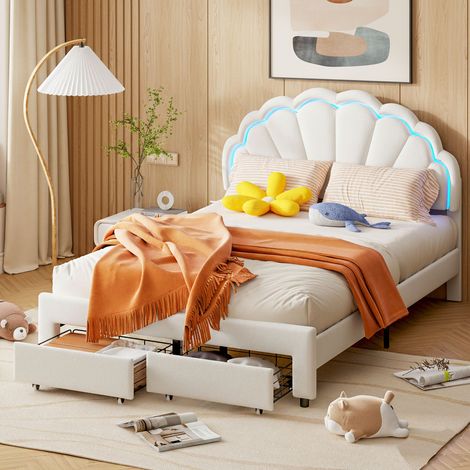 Lit enfant double 140x200 cm avec tiroir de rangement, lit fille capitonné avec LED, tête de lits réglable en hauteur en forme de pétale, sommier à lattes, velours (1/5)