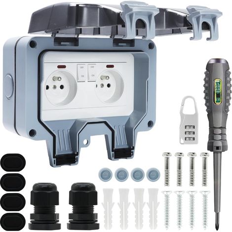 Prise Exterieure Etanche IP66 Double Prise de Courant et Volet de Protection Multiprise Electrique Murale de Jardin, Prise Anti-Poussière et Coupe-Vent avec Interrupteur, Voyant Lumineux (MPG2-FSN) (1/5)