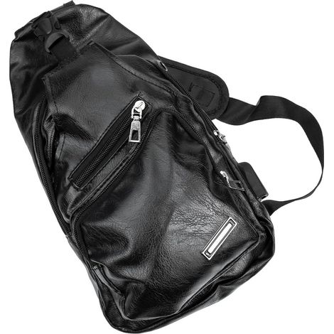 Paquet Bandoulière Élégant Sacoche de Poitrine USB en Cuir Noir, Léger et Résistant à L'usure pour Homme Shopping Voyages (1/5)