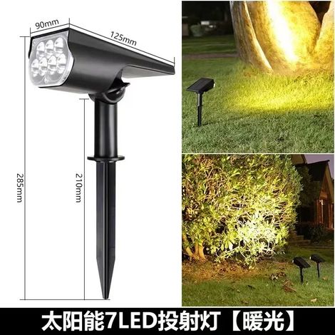 Projecteur solaire de jardin (2 lampes solaires à 7 LED, lumière chaude), réglable, étanche IP65, à encastrer ou à poser au sol. Éclairage extérieur paysager mural. (1/5)