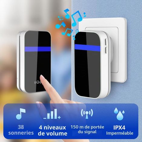 1 récepteur de sonnerie avec 1 émetteur cinétique, Sonnette auto-génératrice sans fil, 38 mélodies à 4 niveaux de volume (1/5)