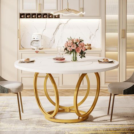 Runder Esstisch für 4-6 Personen, weiß mit goldenem Metallfuß, 120 cm (1/5)